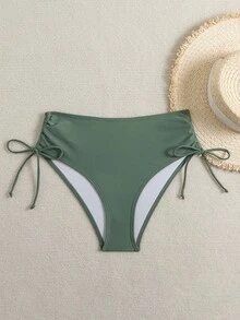 Swim Basics 女士纯色侧抽绳比基尼泳裤 - 軍綠色 - 查看 5