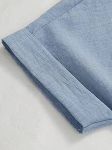 GlowEve 女士休闲度假牛仔质感圆领系带前袋短袖衬衫，春夏款 - 藍色 - 查看 10