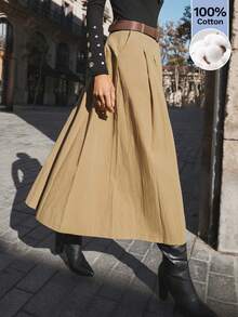 SHEIN X Scot Louie Maija 新款春夏卡其色褶裥侧袋设计可拆卸PU皮带女裙，适合办公室穿着 - 卡其色 - 查看 5