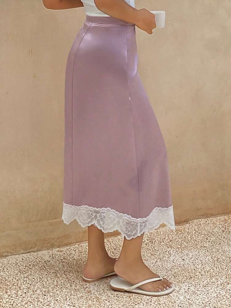 Women's Elegant Satin & Lace Patchwork Sleepwear Skirt, Summer