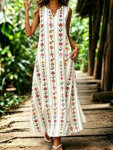 SHEIN LUNE 女士休闲无袖V领印花长连衣裙 夏季日常户外穿着 - 彩色 - 查看 6