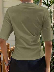 Livesso 女士宽松商务休闲拼接短袖上衣，时尚百搭，适合春夏办公室和街头穿着 - 橄欖綠 - 查看 4