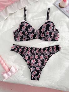 PetitDoll 2pcs Black Printed Wire-Rimmed Bra & Panty Set For Women - Multicolor - View 3