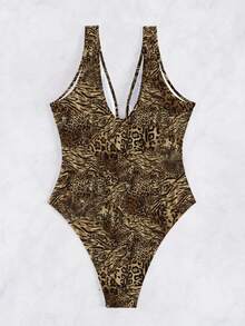 Swim Vcay 女士性感优雅印花拼接深V领U型露背连体泳衣 - 棕色 - 查看 6