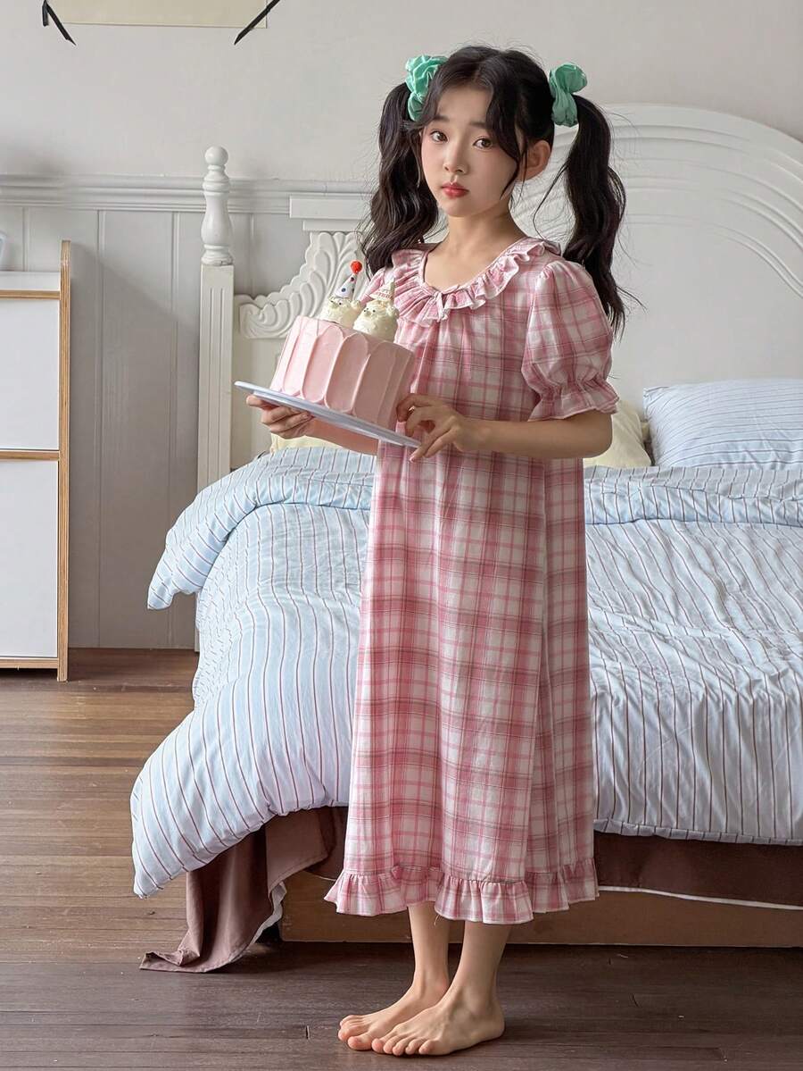 DAZY Girls' Plaid Short Sleeve Long Dress Sleepwear, Loose Lightweight Summer Pajamas, Plus Size - Pink - View 1