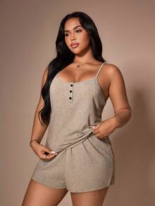 SHEIN Solid Color Knit Camisole Top And Drawstring Waist Shorts Pajama Set, Plus Size - Mocha Brown - View 5