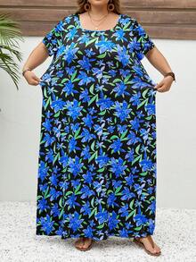 SHEIN CURVE+ 大码女式蓝色碎花短袖方领连衣裙，沙滩度假连衣裙，曲线加大码，Hoho Vacation沙滩装扮/沙滩连衣裙/沙滩度假装扮/沙滩必备/毕业典礼/下午茶派对连衣裙 - 彩色 - 查看 6