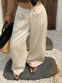 Dazy Plus Jeans rectos de estilo casual y urbano con parches para mujer de talla grande, de denim blanco, para primavera/verano y vacaciones - Blanco - Ver 6