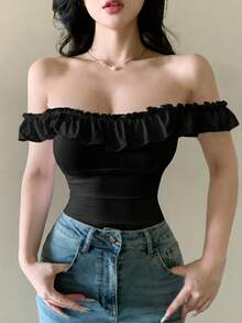 DAZY Women's Fashionable Solid Color Sexy Off-Shoulder Ruffle T-Shirt Cute Tops Y2k Summer - Black - View 4