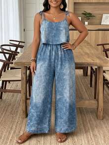 SHEIN Frenchy Bộ áo liền quần cỡ lớn bằng vải dệt giả denim, kiểu dáng thoải mái, không tay, dây mảnh, dài, chi tiết thắt nút, thích hợp cho mùa hè, kỳ nghỉ và mặc hàng ngày. - Màu xanh lam - Xem 5