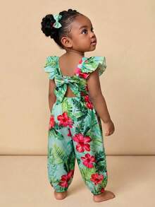 SHEIN Bộ áo liền quần không tay họa tiết hoa nhí, phong cách thường ngày, thích hợp cho bé gái đi nghỉ mát. - Màu xanh lam - Xem 2