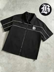 STYNVO Men's Printed Casual Striped Zip-Up Short Sleeve Shirt - Black - View 6