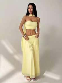 SHEIN PETITE Conjunto de 2 piezas con top bandeau fruncido amarillo y falda maxi fruncida de talle bajo, conjunto de playa y vacaciones, vestido bohemio de verano sin espalda, conjunto de 2 piezas para concierto, dama de honor de boda, conjunto de 2 piezas amarillo - Amarillo - Ver 3