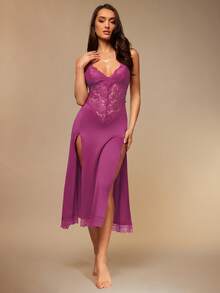 Silquee Women's Sexy Lace Splicing Side High Slit Long Nightgown - Dusty Purple - View 4