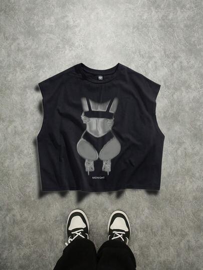 Manfinity ZONE917 Große Größen Herren Streetstyle grau mysteriöse sexy Frauensilhouette Muster locker geschnittenes Trägershirt