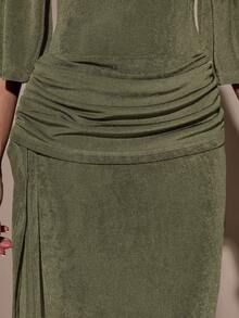 SHEIN BAE 女士优雅纯色褶皱鱼尾开衩连衣裙，秋季 - 軍綠色 - 查看 6