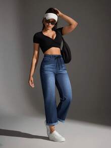 Flexra Quần jeans cạp chun kiểu dáng thường ngày, đã giặt, có dây rút - Màu xanh lam - Xem 7