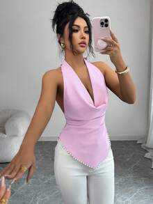 Elenzga Women's 2026 Spring/Summer New Draped Neck Ruched Backless Camisole - Baby Pink - View 3