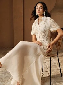 Anewsta Summer Sequin Textured Short Sleeve Half-Placket Dress, Suitable For Vacation, Daily Gatherings - Apricot - View 8