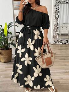 Plus Size Floral Print Asymmetrical Shoulder Dress - Multicolor - View 5