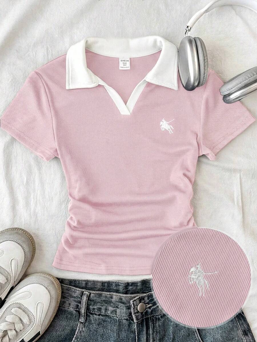 SHEIN Tween Girl/Tween Girls' Colorblock Knit Turtleneck Fitted T-Shirt With Small Logo Embroidery - Pink - View 1