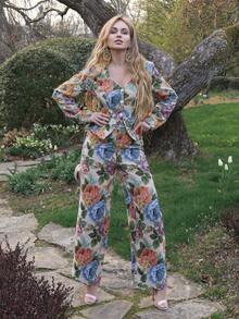 女士优雅提花无弹力套装，秋冬 - 杏色 - 查看 1