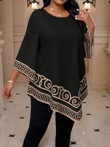 SHEIN Lady Áo sơ mi nữ cỡ lớn in họa tiết hình học cổ tròn, kiểu dáng thường ngày, đa năng. - Nhiều màu - Xem 1