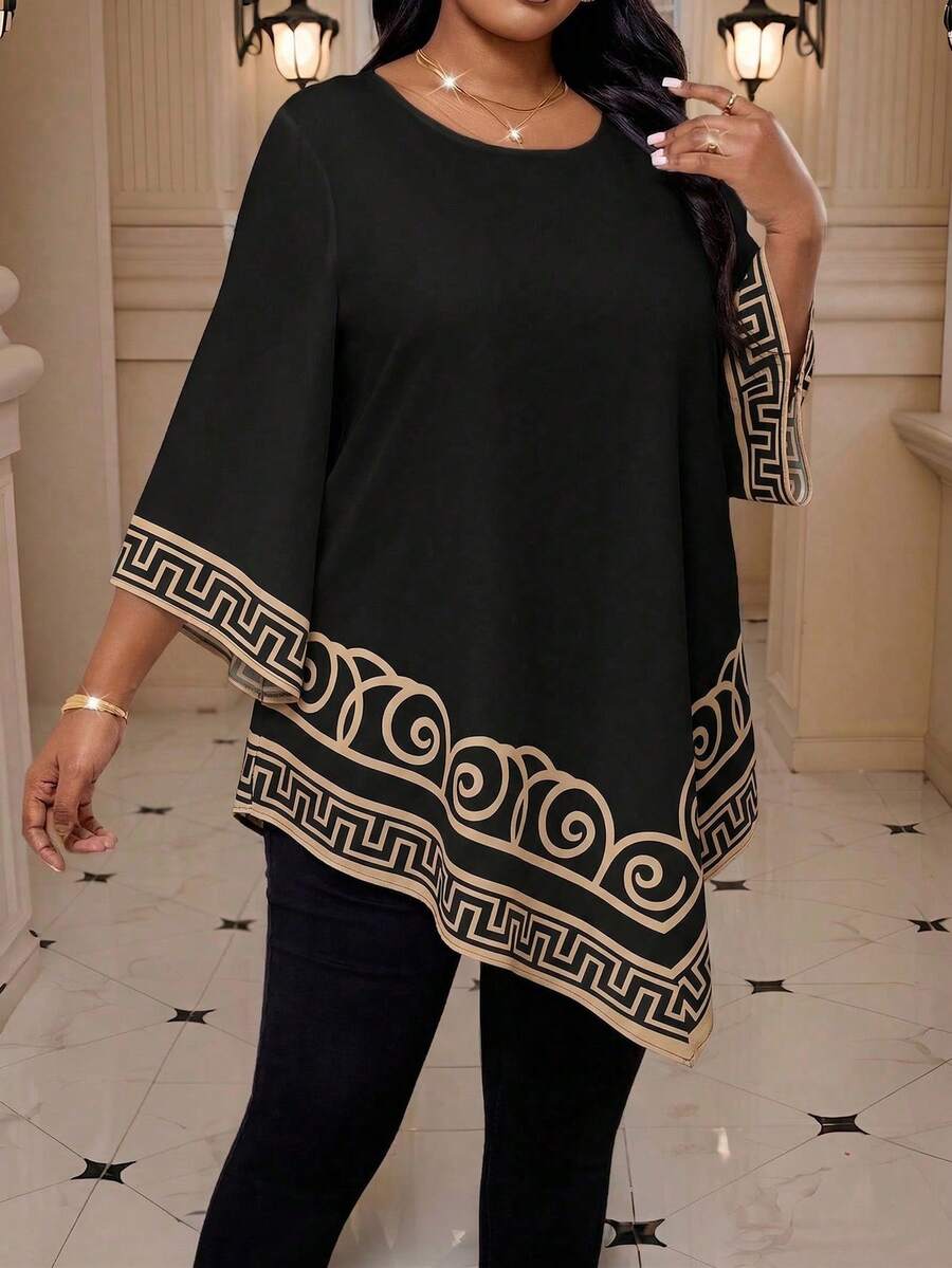 SHEIN Lady Áo sơ mi nữ cỡ lớn in họa tiết hình học cổ tròn, kiểu dáng thường ngày, đa năng. - Nhiều màu - Xem 1