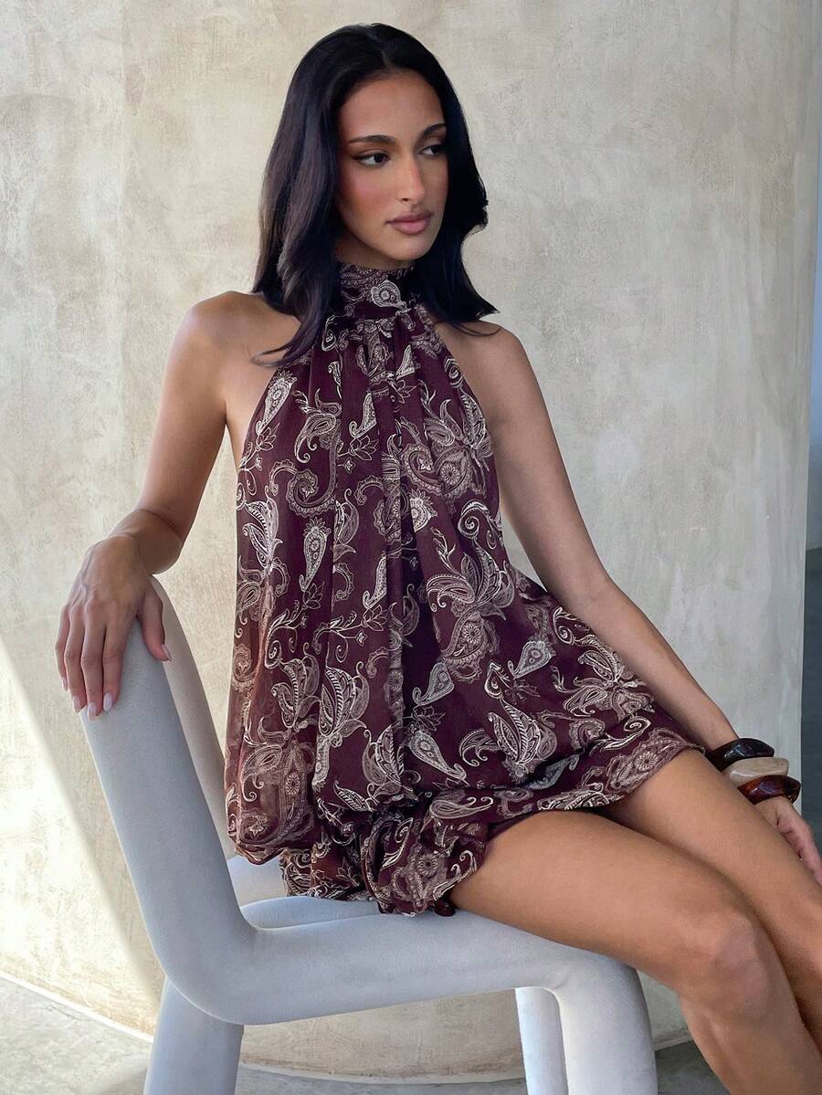 Aloruh Đầm ngắn cổ yếm màu vàng nhạt thanh lịch dành cho nữ - màu nâu - Xem 1