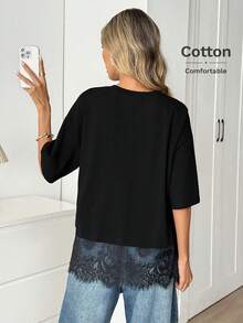 Teen Girls' Fashion Lace Patchwork Drop Shoulder 3/4 Sleeve T-Shirt - Black - View 2