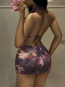 StreetHx Sexy Backless Halter Printed Dress, Hollow Out Beach Dress For Summer Vacation - Dark Red - View 2