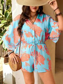 Breezaya Bộ jumpsuit cỡ lớn dành cho nữ, in họa tiết hoa rực rỡ, cổ chữ V màu cam, cài nút gỗ và thắt eo, kiểu dáng thanh lịch, thoải mái, đa năng cho kỳ nghỉ xuân/hè. Bộ đồ đi nghỉ mát cho nữ, quần áo mùa hè cho nữ, bộ 2 mảnh liền thân cho nữ đi nghỉ mát. - Màu xanh lam - Xem 5