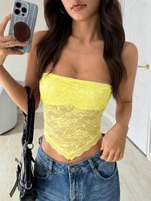 SHEIN EZwear 黄色蕾丝拼接不对称下摆性感露肩短款背心，春夏款 - 黃色 - 查看 1