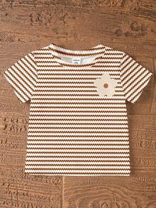 Elladie kids 女嬰2件套可愛甜美棕色與白色卡其條紋花卉印花短袖T恤與單車短褲夏季度假假日套裝 - 彩色 - 查看 6