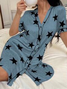 SHEIN 美国休闲星形印花V领短袖女士睡裙 - 霧霾藍 - 查看 1