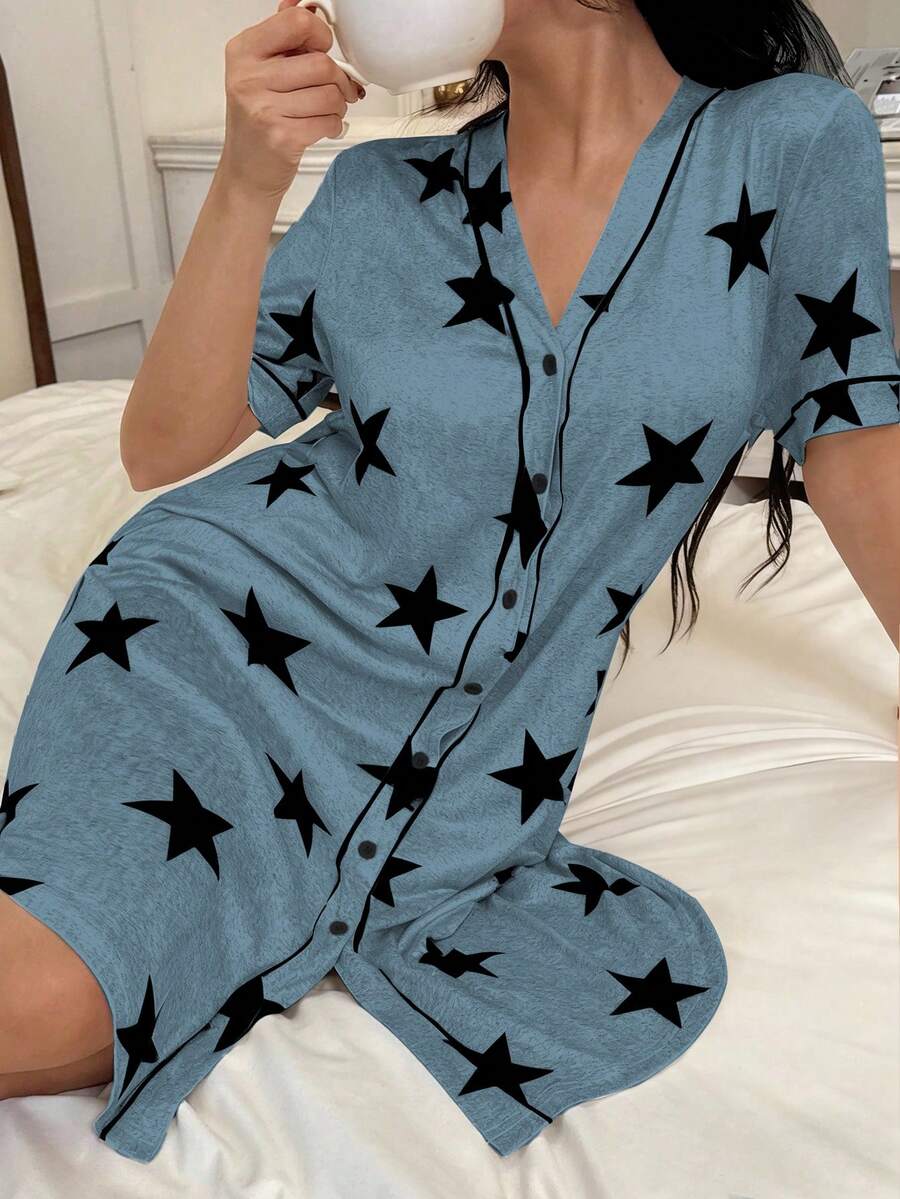 SHEIN 美国休闲星形印花V领短袖女士睡裙 - 霧霾藍 - 查看 1