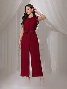 Modelyn Petite Modischer einfarbiger süßer Spitzen-Patchwork-Jumpsuit ohne Ärmel mit Bindedetail an der Taille und geradem Bein für kleine Frauen, elegant und altersreduzierend - Bordeaux - Übersicht 6