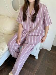 Dazy Plus 2件套女士加大码条纹宽松短袖上衣和长裤睡衣套装，紫色可爱睡衣，春夏款 - 紫色 - 查看 2