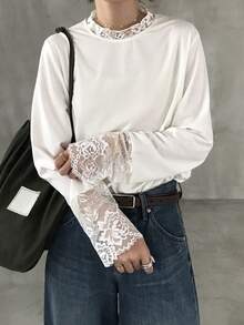 FRIFUL Solid Color Lace Patchwork Sheer Mesh Fabric Loose Casual Versatile T-Shirt - White - View 4