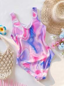 SHEIN Bộ đồ bơi liền thân in họa tiết tie-dye cho bé gái tuổi teen, thích hợp cho kỳ nghỉ biển. - Hồng - Xem 5