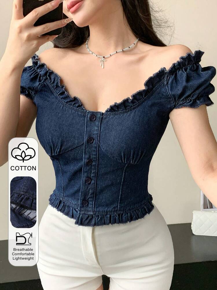 Spring & Summer Denim Blue Puff Sleeve Ruffle Splice Off-Shoulder Pullover Blouse, Design Details, Casual Vacation, Valentine's Day, Wedding, Elegant Office Wear, Short Sleeve Women's Denim Top