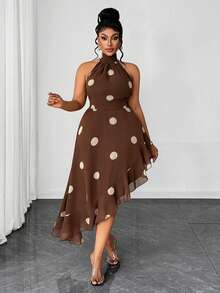 Maweii 大码夏季法式复古棕色波点露背修身不对称下摆度假约会连衣裙 - 棕色 - 查看 4