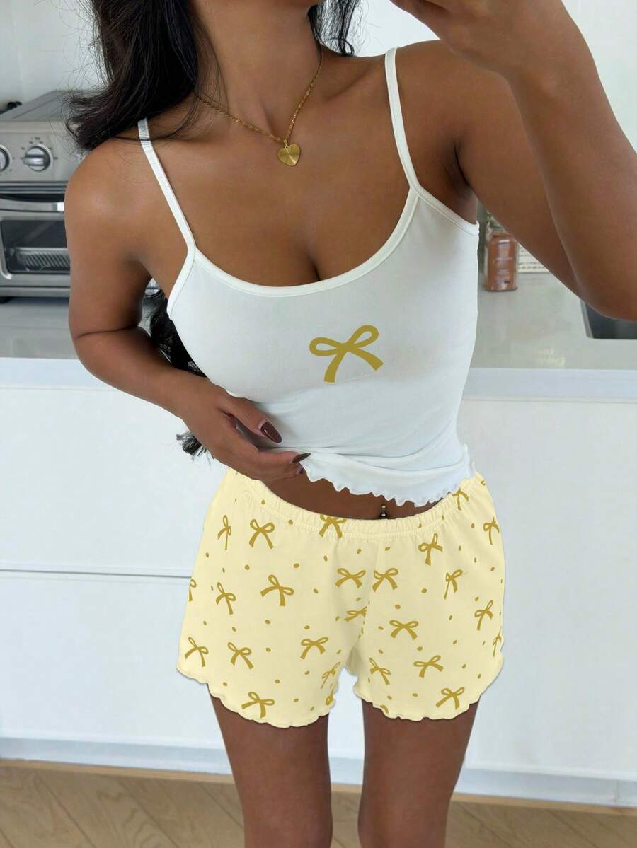 ZzzCrew Sexy Slim Fit Bow Print Camisole & Shorts Pajama Set - White - View 1