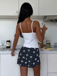 ZzzCrew Sexy Bow Print Camisole And Shorts Pajama Set - White - View 2