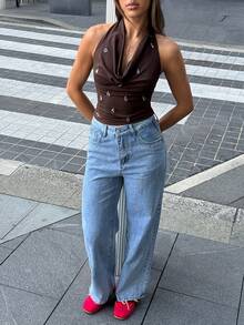 SHEIN EZwear 女士棕色针织吊坠装饰深V领露背吊带上衣 - 棕色 - 查看 5