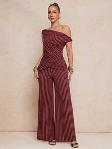 Lumalex Bộ đồ 2 món thanh lịch dành cho nữ: áo crop top kẻ sọc lệch vai và quần ống rộng, thích hợp cho mùa hè. - Màu Đỏ Sâu - Xem 4
