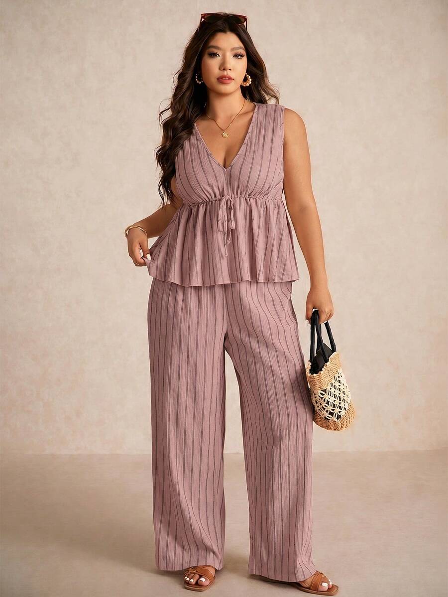 SHEIN Elaquor Plus Size Casual Vacation Striped Sleeveless A-Line Dress Shirt And Straight Leg Casual Pants 2 Pieces Set - Dusty Pink - View 1