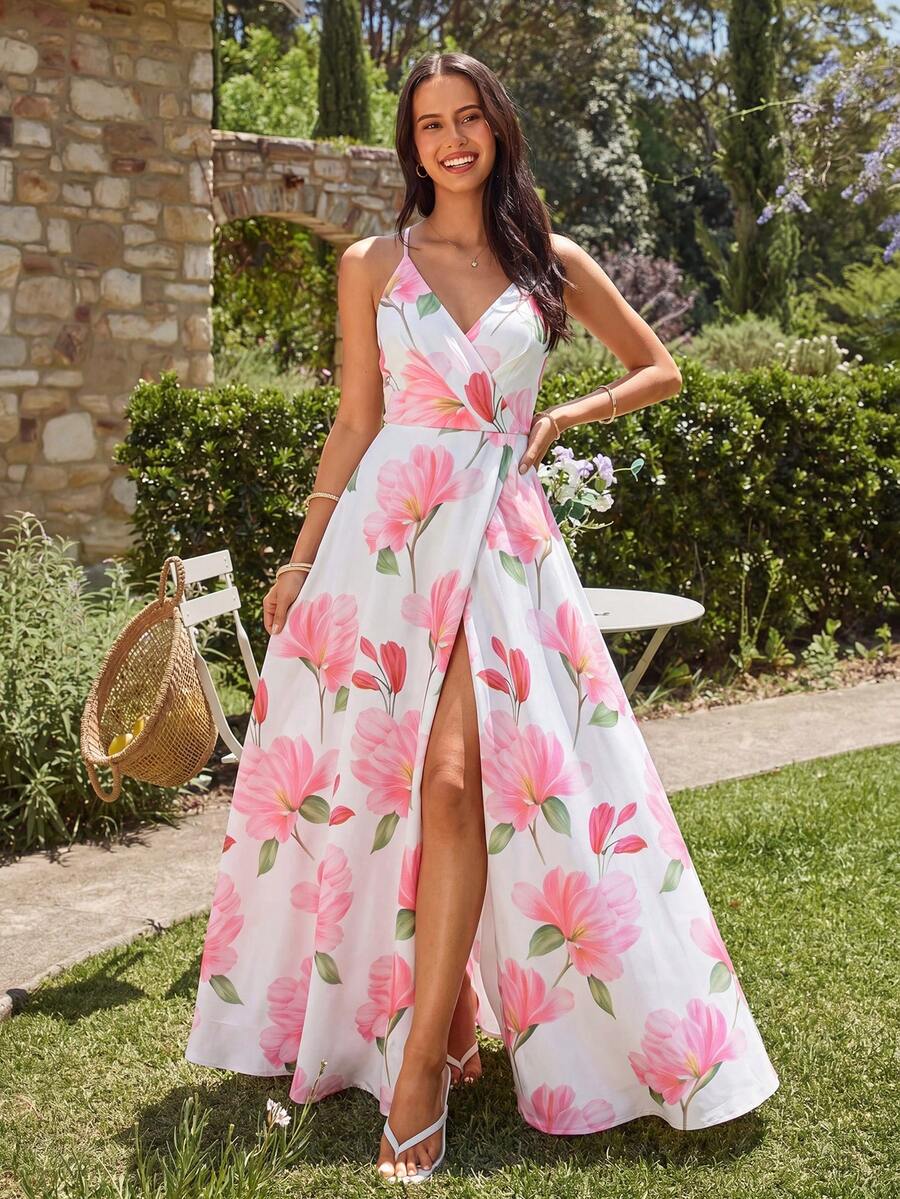 KARISMINA Women's Casual Elegant Romantic Floral Print V-Neck Pink Vacation Dress, Spring/Summer - Pink - View 1