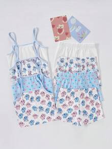 SHEIN GraphicGems 8件套女童简约时尚粉白甜心睫毛波点印花吊带背心和短裤内衣套装 - 彩色 - 查看 2