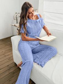 SHEIN Conjunto de pijama casual de mujer con manga corta, hombro asimétrico y lazo textural - Azul - Ver 7